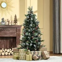 HOMCOM 5FT Artificial Snow Dipped Christmas Tree Xmas Pencil Tree Holiday Home Party Decoration with Foldable Feet Red Berries White Pinecones, Green(m-2)