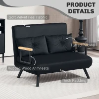 HOMCOM 4-in-1 Velvet-Feel Double Sofa Bed, with Pillows - Black(m-6)