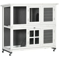 PawHut Wooden Rabbit Hutch, Two-Tier Guinea Pig Cage, with Removable Tray, Wheels(m-1)