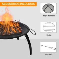 Outsunny Brasero Exterior Ø55 cm Chimenea Hoguera Portátil para Calefacción Barbacoa Terraza Patio Camping Jardín con Cubierta de Malla Atizador de Fuego Negro(m-5)