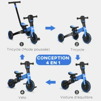 HOMCOM Tricycle bébé évolutif 4 en 1 pour Enfants vélo draisienne avec poignée de poussée réglable, Repose-Pieds Amovible pour 18-48 Mois, Bleu(m-4)