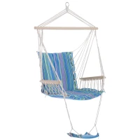 Outsunny Hanging Rope Chair with Soft Padded Seat & Backrest, Portable Garden Hammoc Chair with Wooden Support Bar, Armrests, Cotton Cloth, Footrest, for Patio & Tree, Blue(m-1)