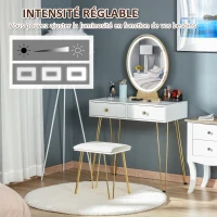 HOMCOM Coiffeuse Table de maquillage moderne - Miroir LED réglable intégré - Tabouret Inclus - pied en métal doré - 2 tiroirs + 1 Organisateur Blanc(m-5)