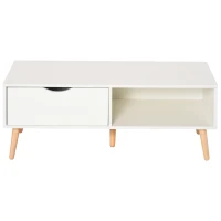 HOMCOM Table Basse rectangulaire Design scandinave Grande Niche et tiroir Coulissant Bois Massif pin Panneaux Particules Blanc(m-10)