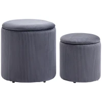 HOMCOM Set of 2 Round Ottoman with Storage, Fabric Vanity Stool for Makeup, Footrest Stool with Removable Lid for Living Room & Bedroom, Grey(m-11)