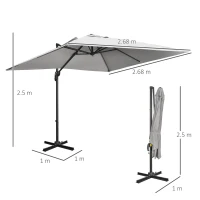 Outsunny 2.7 x 2.7 m Cantilever Parasol, Square Overhanging Umbrella with Cross Base, Crank Handle, Tilt, 360° Rotation and Aluminium Frame, Grey(m-3)