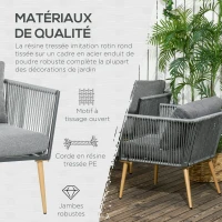 Outsunny Salon de Jardin en résine tressée 4 places avec 1 canapé 2 fauteuils et 1 table basse 7 coussins inclus gris(m-6)