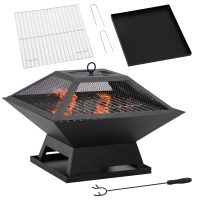 Outsunny Brasero Exterior de Acero Pozo de Fuego para Jardín Multifuncional con Protector de Chispas y Atizador 45x45x34cm Negro