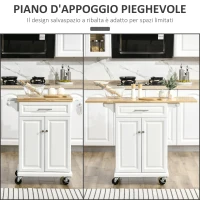 HOMCOM Carrello da Cucina Espandibile in Legno Bianco Cassetto, Armadietto, Portasciugamani e 4 Ruote 119.6x45.7x91.2cm(m-6)