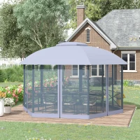 Outsunny 4 x 4.7(m) Patio Metal Gazebo Canopy, Hexagon Shape Garden Gazebo, Outdoor Sun Shade Shelter with 2 Tier Roof, Netting, Steel Frame, Grey(m-10)