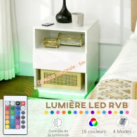 HOMCOM Table de chevet table de nuit LED tiroir niches plateau 40 x 40 x 55 cm blanc brillant laqué(m-4)