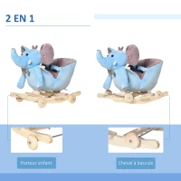 HOMCOM Cheval à Bascule Jouet à Bascule éléphant et Porteur sur roulettes 2 en 1 Fonction Musicale 32 Pistes Ceinture sécurité(m-4)