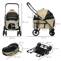 PawHut Passeggino per Cani Taglia Piccola con Tettuccio Regolabile e 2 Guinzagli, 81x68x98.5 cm, Nero e Khaki(m-3)