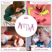 HOMCOM Ensemble table et 2 chaises enfant 3 pièces, pieds en bois massif, table enfant avec chaise motif couronne, pour filles et garçons de 2 à 4 ans, rose(m-5)