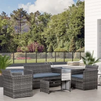 Outsunny 4 Pieces PE Rattan Garden Sofa Set with Cushions, Outdoor Patio Wicker Weave Conservatory Furniture Set with a Loveseat, 2 Armchairs and a Glass Top Coffee Table, Grey(m-2)
