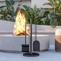 Outsunny Ensemble serviteur de cheminée, serviteur de cheminée à 5 pièces, balai pelle pince tisonnier et support, métal, noir(m-7)