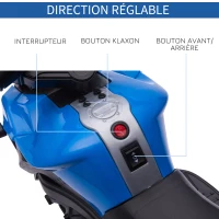 HOMCOM Moto électrique Enfant 6 V 3 Km/h Effet Lumineux et sonore roulettes Amovibles Repose-Pied valises latérales métal PP Bleu Noir(m-6)