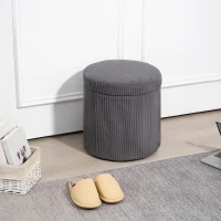 HOMCOM 40cm Round Storage Ottoman, Corduroy Footstool with Removable Lid and Legs, Vanity Stool for Living Room, Bedroom, Grey(m-2)