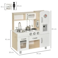 HOMCOM Cocina de Juguete de Madera con Fregadero Cocina de Inducción y Microondas Simulados con Accesorios Incluidos Cocina Infantil para +3 Años 74x30x81 cm Blanco(m-3)