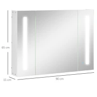 kleankin Armadietto Specchiera da Bagno con 3 Armadietti, 3 Ripiani e Luce LED, 90x15x65 cm, Bianco(m-3)