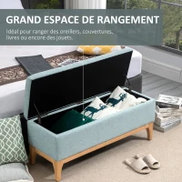 HOMCOM Banc de rangement, coffre de rangement avec couvercle amovible style scandinave, bout de lit en tissu lin, 110 x 39 x 45 cm, vert d'eau(m-4)