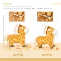 HOMCOM Jouet à Bascule Girafe et Porteur sur roulettes 2 en 1 Fonction sonore mugissement Bois peuplier Peluche Courte Polyester tacheté(m-8)