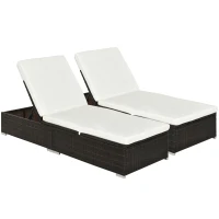 Outsunny PE Rattan Sun Lounger with Cushion, Outdoor Garden Sunbed Furniture with 5-Level Recliner Backrest, and Armrest, Set of 2, Brown(m-1)