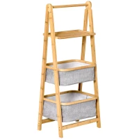 HOMCOM Scaffale Salvaspazio a 3 Ripiani in Bambù, Mobiletto Bagno Pieghevole con 2 Cassetti in Tessuto Grigio, 44.5x33x108cm(m-10)