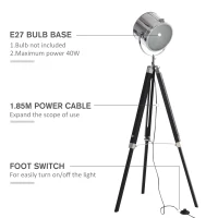 HOMCOM Industrial Style Adjustable Tripod Floor Lamp, Searchlight Lamp with Wooden Legs and Steel Lampshade, 110-155cm, Black(m-6)