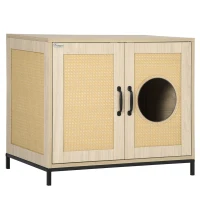 PawHut Meuble maison de toilette pour chat 2 en 1 niche cabane pour chat meuble cache litière chat avec double porte châssis Acier Panneaux Particules Aspect Bois Clair(m-1)