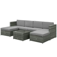 Outsunny Set da 7 Pezzi Salotto da Esterni in Rattan con Poltrona Pouf Tavolino Grigio(m-10)