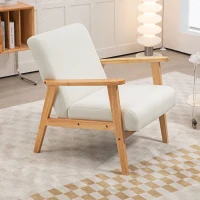 HOMCOM Fauteuil de Salon Fauteuil de Relaxation Fauteuil Simple pour Chambre Cadre en Bois hévéa Revêtement en Lin Crème(m-7)