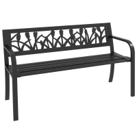 Outsunny Panchina da Giardino a 2 Posti in Acciaio con Schienale Decorato e Braccioli, 125x50x75cm, Nero(m-1)