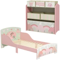 ZONEKIZ Toddler Bed Frame, Kids Storage Shelf Unit with 6 Fabric Bins for Ages 3-6 Years, Pink(m-11)