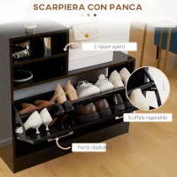 HOMCOM Set Appendi Abiti da Ingresso con Specchio e Scarpiera per 8 Paia di Scarpe, Nero Lucido(m-6)
