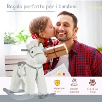 HOMCOM Cavallo a Dondolo per Bambini in Peluche e Legno con Suoni e Orsetto Incluso, per Bimbi da 18-36 Mesi, 65x26x55cm, Bianco(m-7)