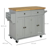 HOMCOM Rolling Kitchen Island Storage Trolley with Rubber Wood Top & Drawers for Dining Room, Grey(m-3)