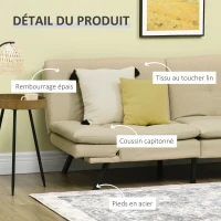 HOMCOM Canapé convertible canapé-lit 3 places, clic-clac rembourré avec accoudoirs et dossier réglables en tissu beige(m-7)