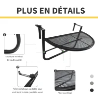 Outsunny Table Suspendue pour Balcon dim. 60L x 45l cm Hauteur réglable 3 Niveaux métal époxy Noir(m-7)