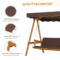 Outsunny 3 Seater Garden Swing Seat Outdoor Swing Chair with Adjustable Canopy, Wooden Hammock Bench with  Padded Cushions for Patio Yard, Brown(m-6)
