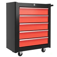 HOMCOM 5-Drawer Tool Chest with Wheels, Steel Lockable Tool Storage Cabinet with Handle, 2 Keys for Garage, Workshop, Red(m-11)