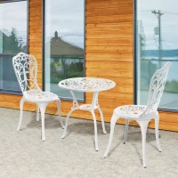 Outsunny 3 Pieces Antique Garden Bistro Set for 2, Cast Aluminium Garden Furniture Set with Umbrella Hole, White(m-10)