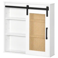 kleankin Meuble de rangement salle de bain porte coulissante à galandage façade aspect cannage PP 4 étagères réglables(m-10)