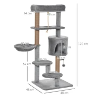PawHut Cat Tree Tower for Indoor Cats 120cm Climbing Kitten Activity Center with Jute Scratching Post Perch Hanging Ball Hammock Teasing Rope Condo Toy Light Grey(m-3)