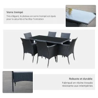 Outsunny Ensemble Salon de Jardin 6 Personnes - Grande Table rectangulaire, 6 fauteuils - 6 Coussins d'assise déhoussables Inclus - métal époxy Verre trempé 5 mm résine tressée Noire(m-6)