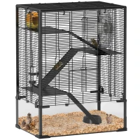 PawHut 4 Tiers Hamster Cage with Deep Tempered Glass Bottom, Hut, Running Wheel, Food Dish, Water Bottle, 60 x 40 x 80cm(m-1)