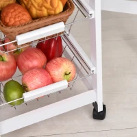 HOMCOM Carrello Portavivande Pieghevole a 6 Ruote con 3 Cestini, Cassetto e 2 Ribalte, Carrellino per Cucina in MDF e Metallo, 37x37x77.5 cm, Bianco e Legno(m-9)