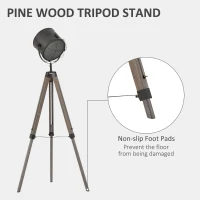 HOMCOM Floor Lamp with Adjustable Tripod for Living Room Bedroom, Vintage Spotlight Reading Lamp with Wood Legs, 115-155cm, Grey(m-5)