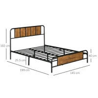HOMCOM 4.8ft Double Bed Frame with Industrial Wood Headboard, Steel Slat Support and 25.5cm Underbed Storage Space, 145 x 199cm, Rustic Brown(m-3)
