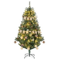 HOMCOM 6' Artificial Prelit Christmas Trees Holiday Décor with Warm White LED Lights, Decoration, Banner, Tag, Ball(m-1)